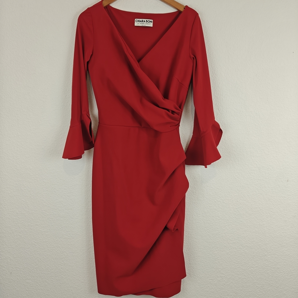 Chiara Boni La Petite RobeTrina Ruffle Sheath 3/4 Sleeve Dress Sz 8 - Picture 6 of 16